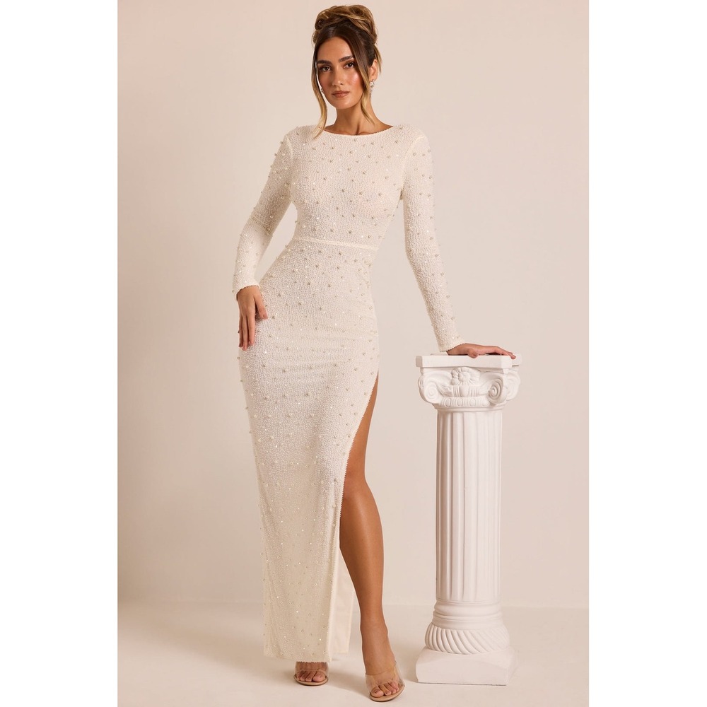 NWT Oh Polly Vienna White‎ Pearl Beaded Backless Maxi Dress Size US 0